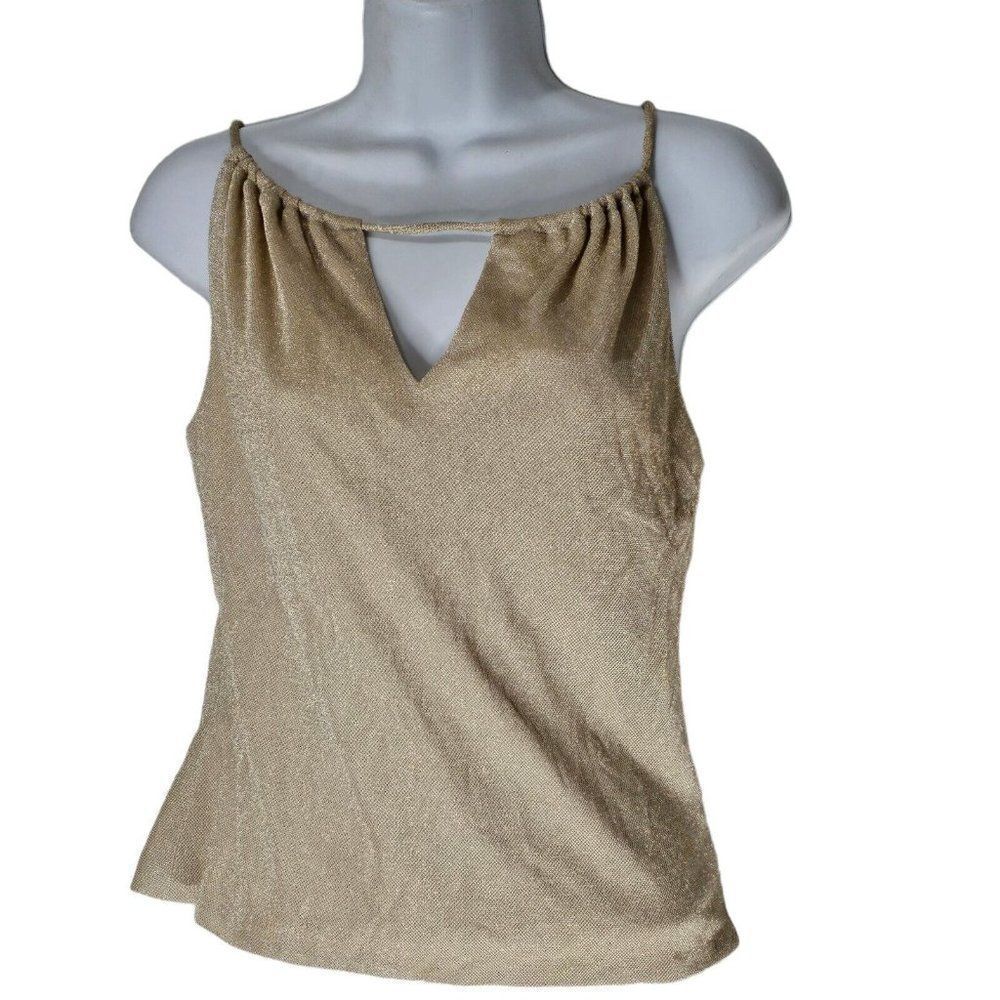 Vintage 90s Does 70s Cami Top Womens Size XS Gold Open Back Disco Lurex Halter